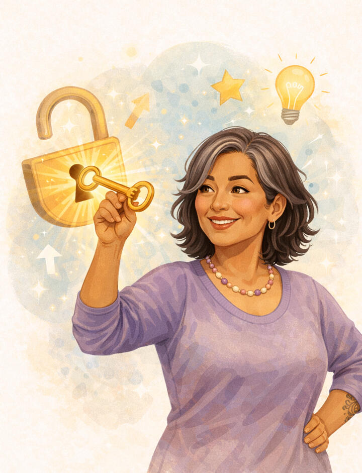 An ethnically ambiguous mid-forties woman with shoulder-length wavy gray hair smiles as her right hand turns a gold key that has unlocked a large illustrated gold padlock. Her left hand rests on her left hip. She wears a three-quarter-sleeved, scoop-necked