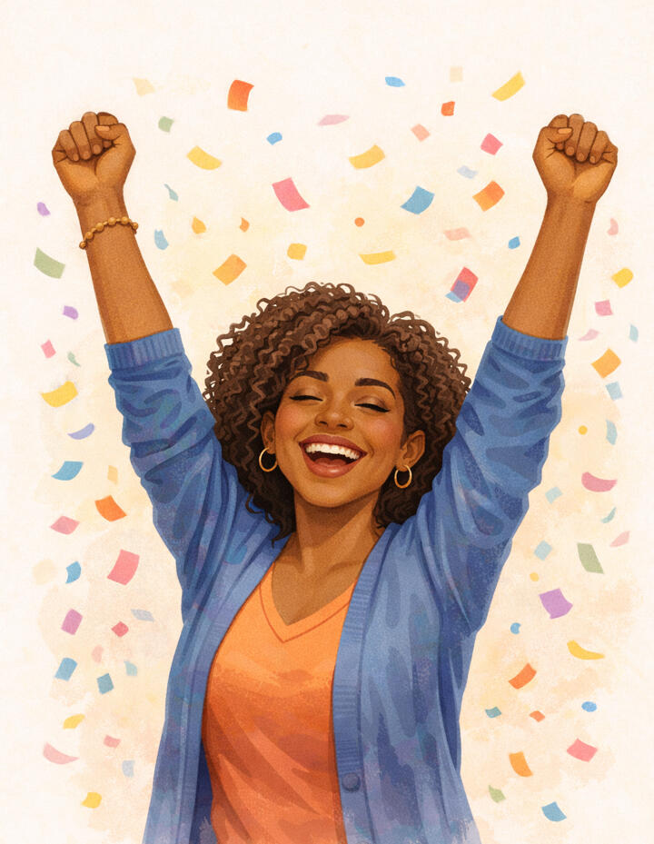 A Black-presenting woman in her forties has a big smile on her face, her eyes closed, and her arms in the air in a celebratory way. She’s wearing small gold hoop earrings, and an orange V-neck top under a medium-blue unbuttoned three-quarter-sleeved cardig