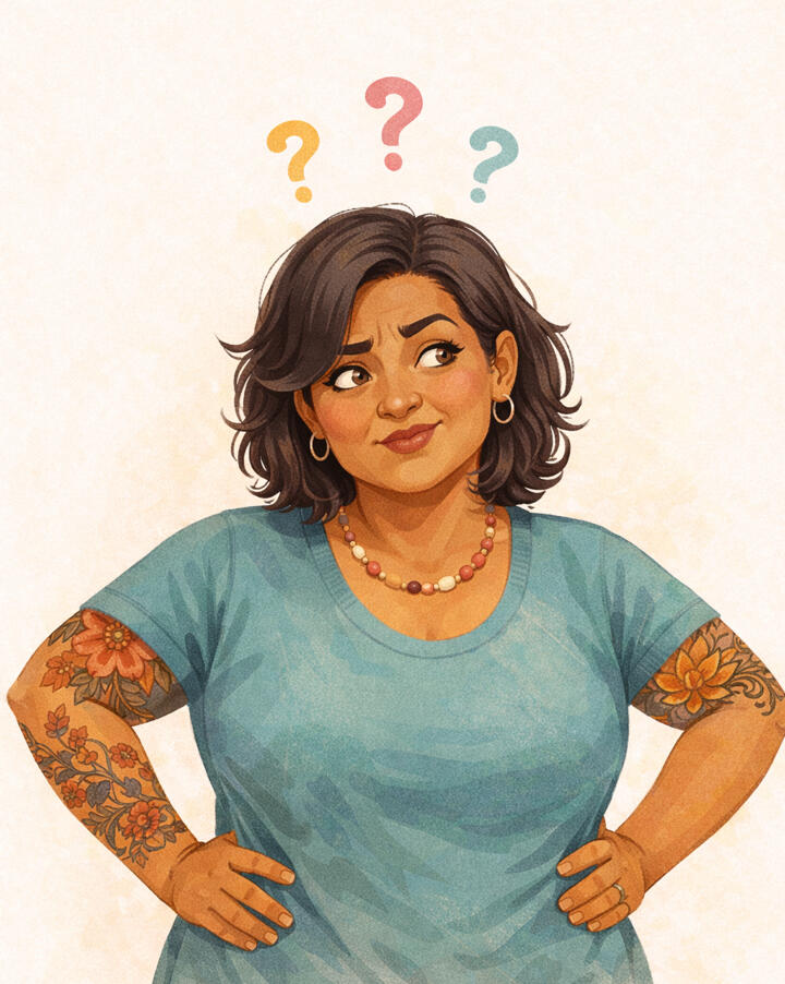 An ethnically ambiguous middle-aged woman with shoulder-length wavy brown hair stands with her hands on her hips and a confused look on her face. She wears a turquoise short-sleeved, scoop-necked sweatshirt. For jewelry, she wears small gold hoop earrings,