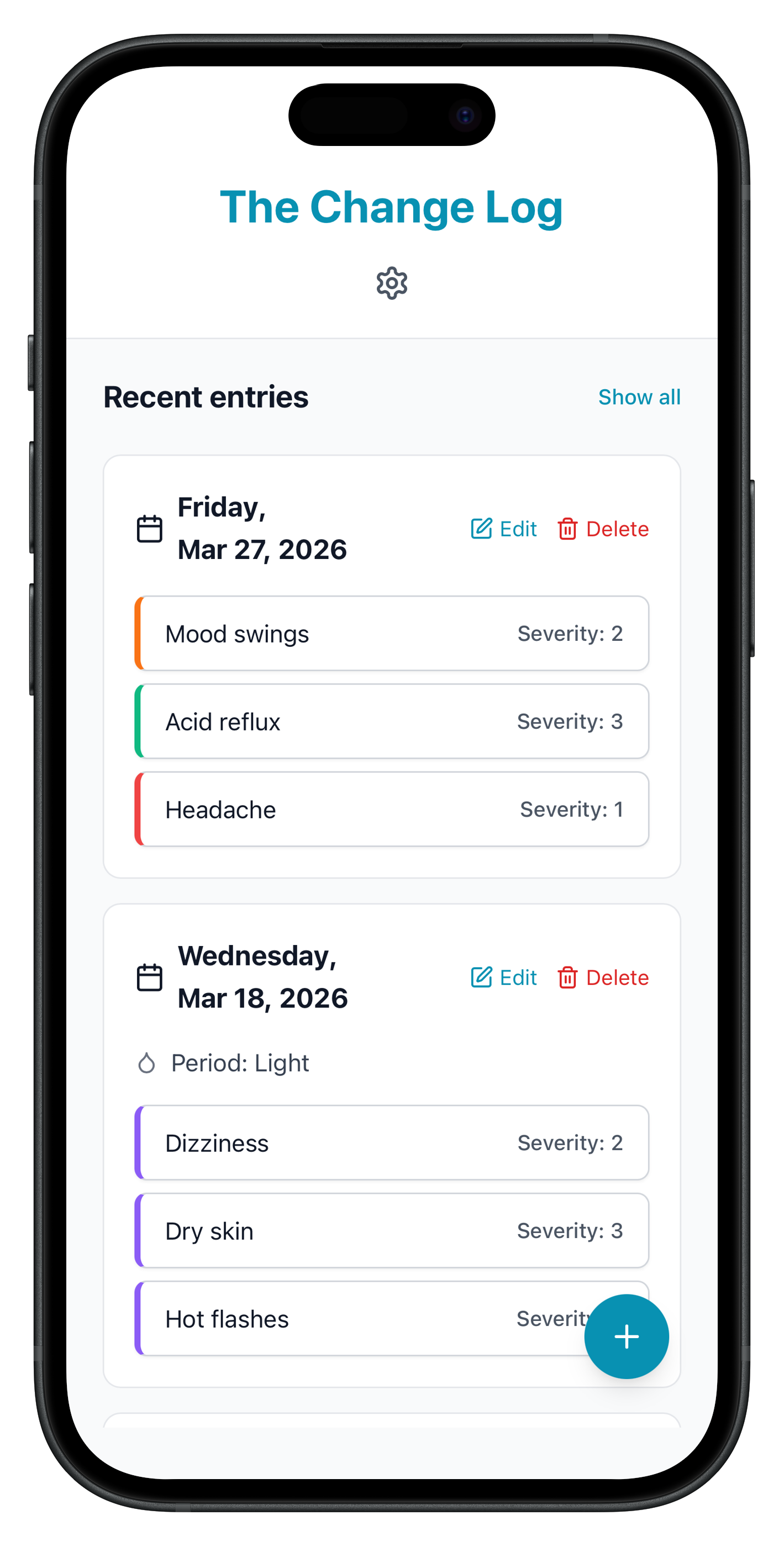 Symptom history Screenshot of the app’s “Symptom history” screen. Shows entries for Friday, March 27 and Wednesday, March 18, 2026. March 27’s entry has 3 symptoms: Mood swings with a severity of 2, acid reflux with a severity of 3, and headache with a severity of 1. Ther